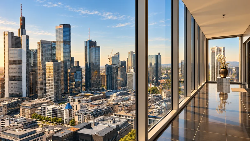 Heller Eingangsbereich zum HausHoch-Büro mit Blick über die Frankfurter Skyline