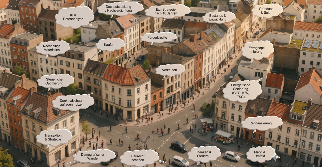 Eine belebte Stadtstraße mit verschiedenen Sprechblasen über Geschäften und Passanten.